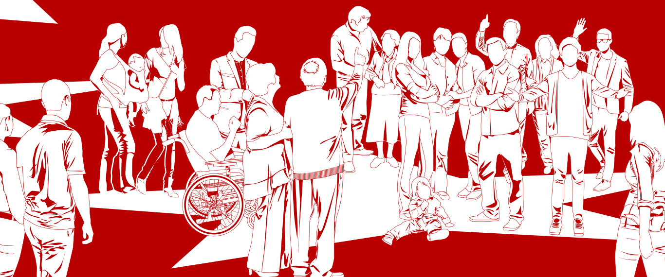 Illustration of diverse crowd of people meeting on a background of stars